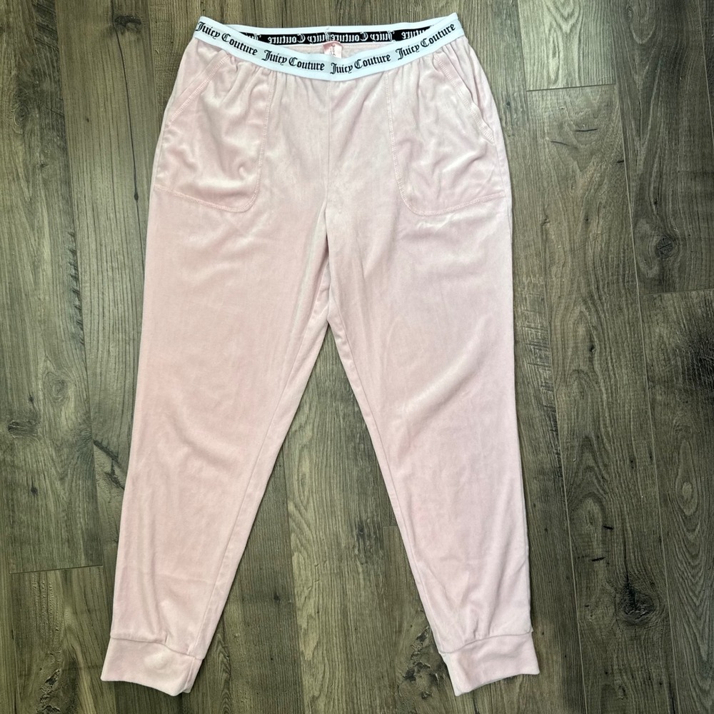 Y2K Juicy Couture Velour Jogger Pants Pink Rhinestone Logo Elastic Waist Size L